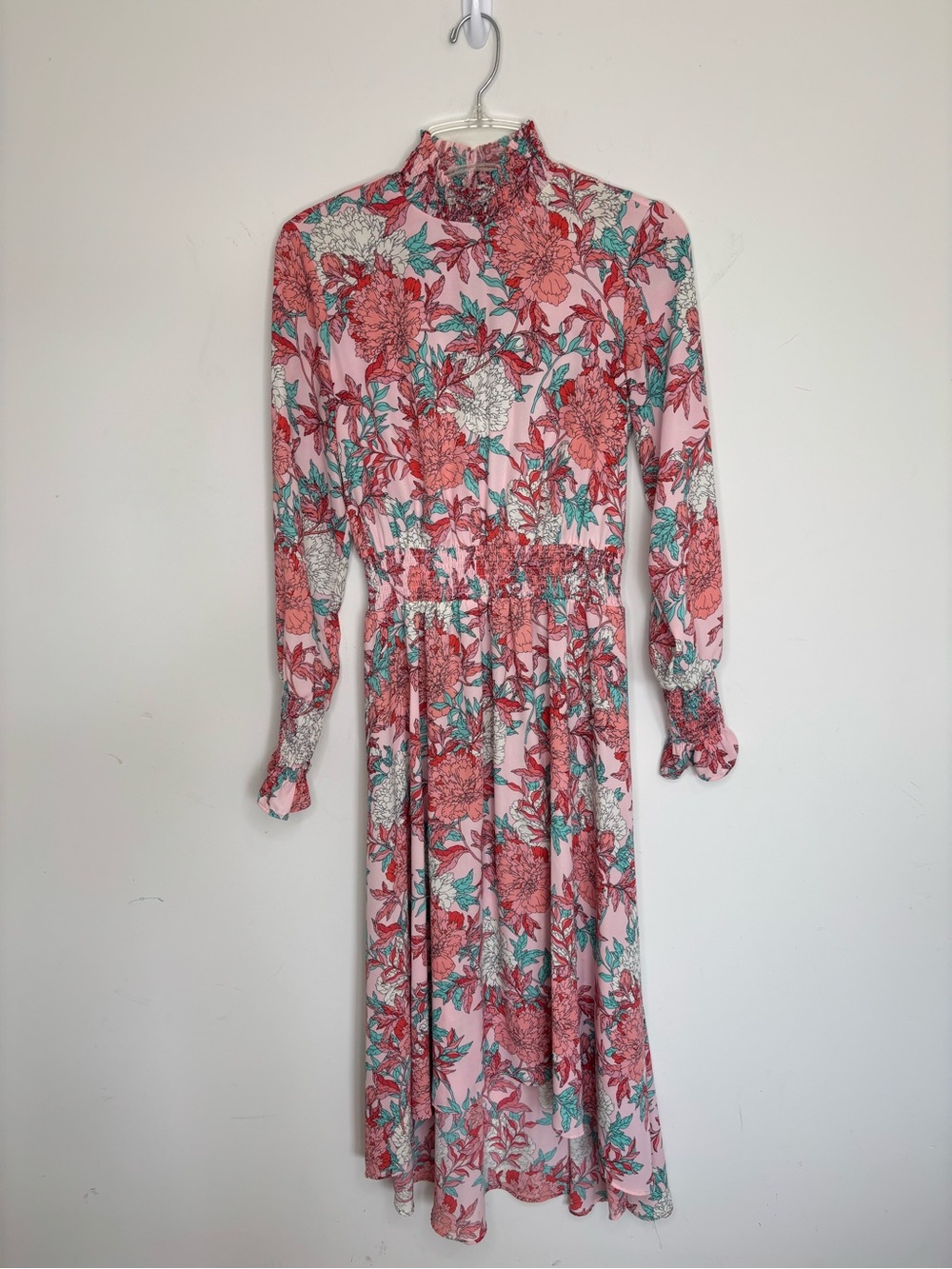 M1 Nanette Lepore Smocked Pink Floral Long-Sleeve Midi Dress Chiffon size 2